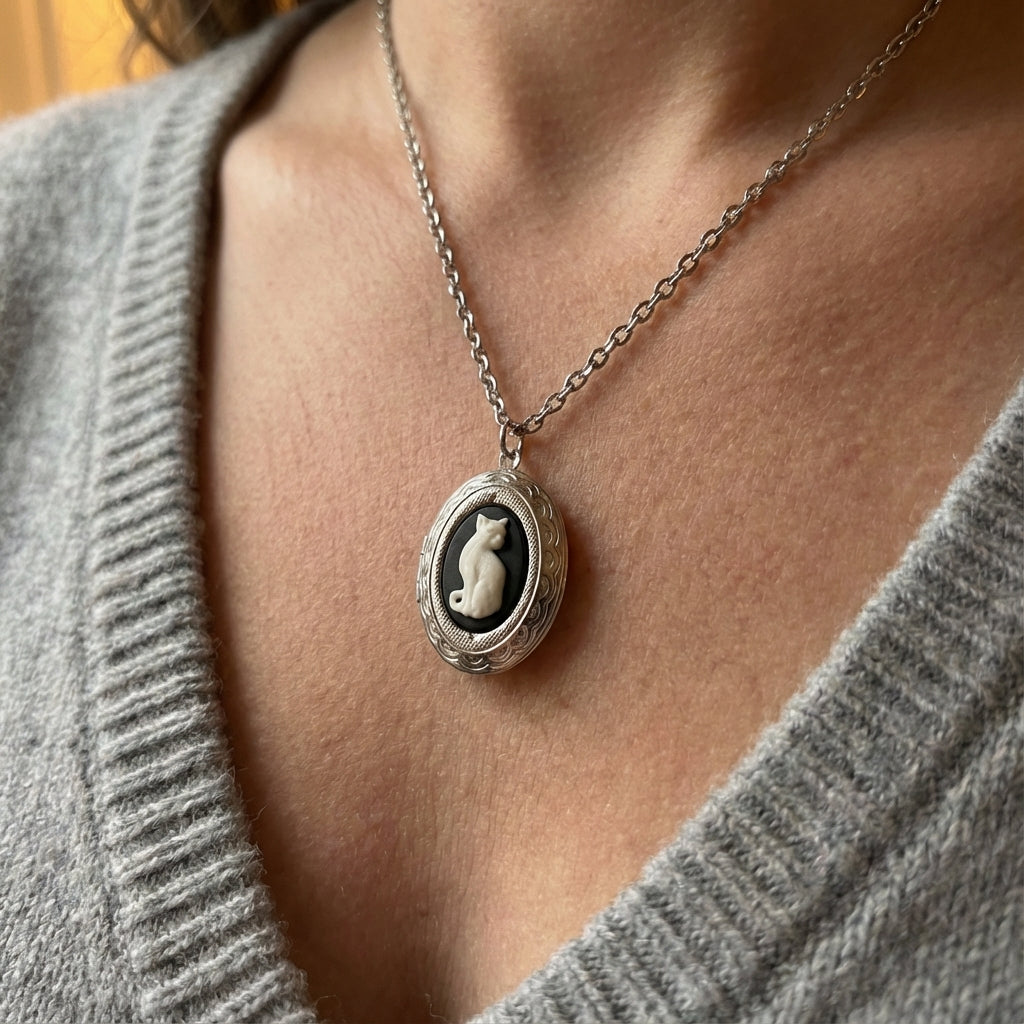 Silver cat cameo locket